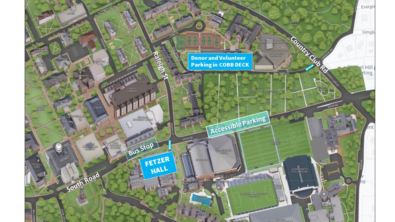 Map of the UNC campus near Fetzer Hall and marking the Cobb Deck for parking.
