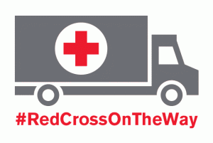 Red Cross truck drawing with the hashtag RedCrossOnTheWay written below