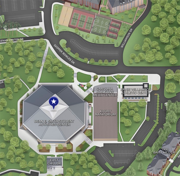 Map showing Dean E. Smith Center with the Williamson Lot across Skipper Bowles Dr. from the Center